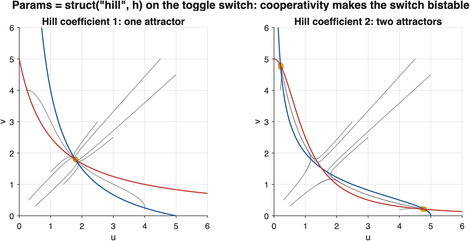 The same toggle switch with Hill coefficient 1 and 2. Without cooperativity the nullclines cross once and every trajectory ends in the same state; with cooperativity they cross three times and the two outer crossings are attractors.