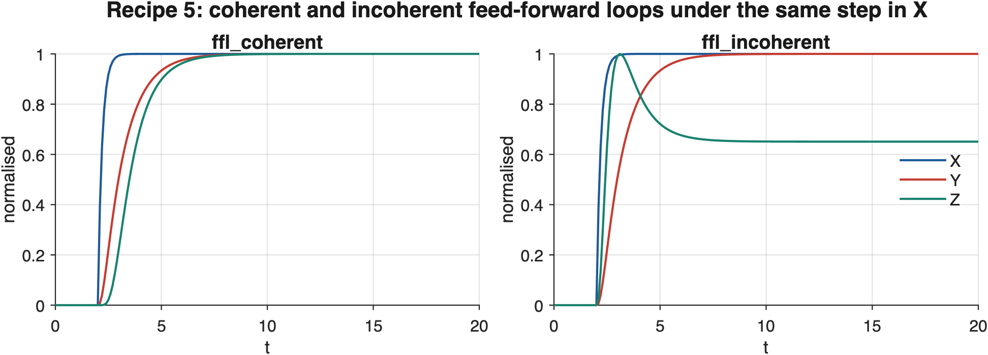 Recipe 5 output. The coherent loop delays Z and then holds it; the incoherent loop produces a pulse.
