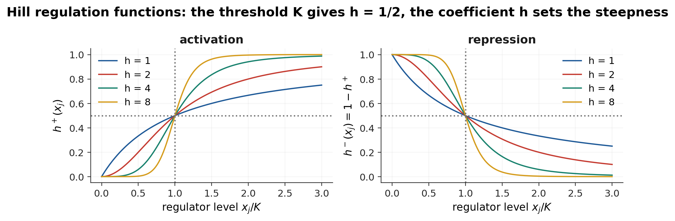 Hill functions for four coefficients. Every curve passes through one half at the threshold K; the coefficient sets how switch-like the response is.