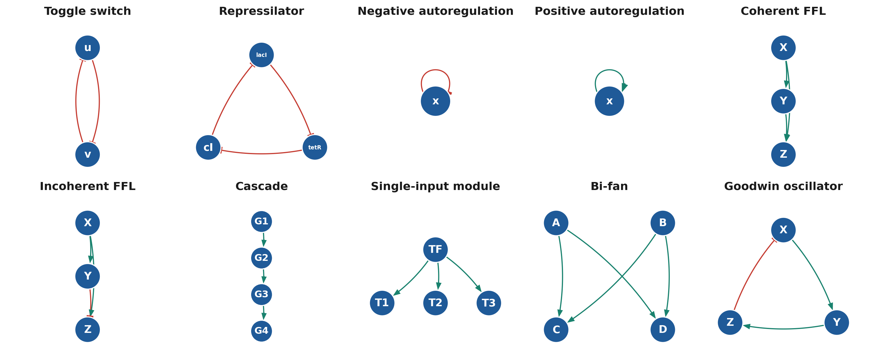 grn.plot_motifs(): every registered motif in pathway notation.